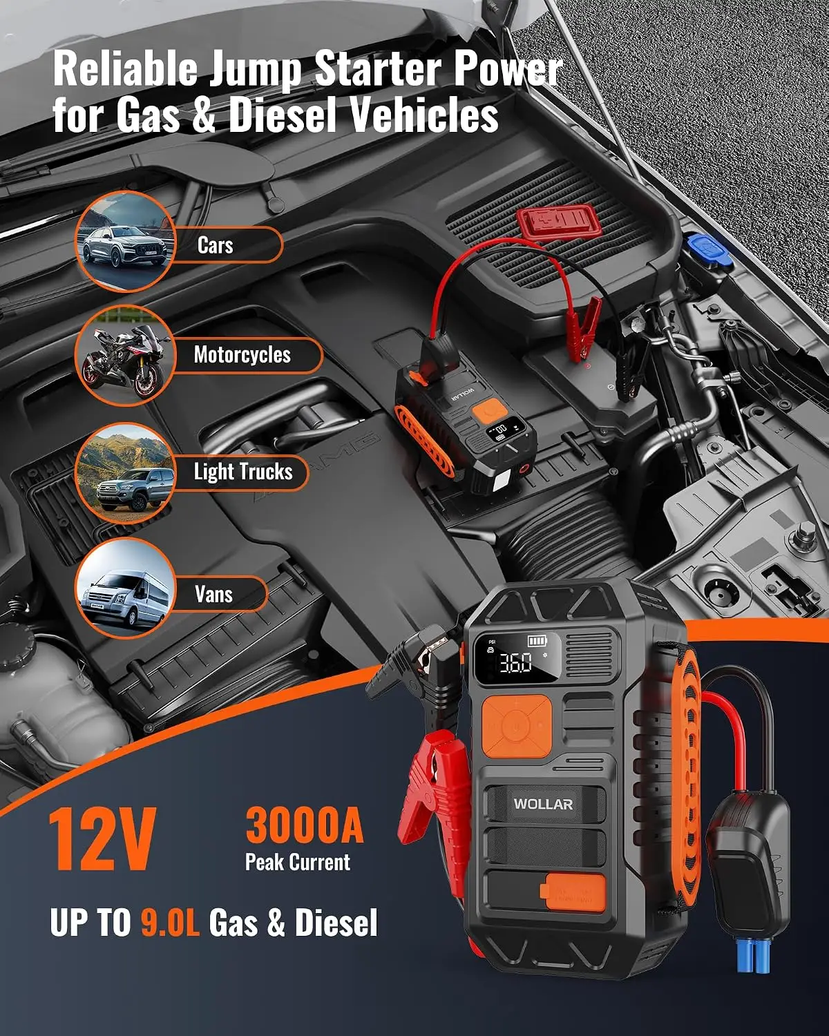 3000A Peak Jump Starter with A - Portable Jump Starter 评论和价格